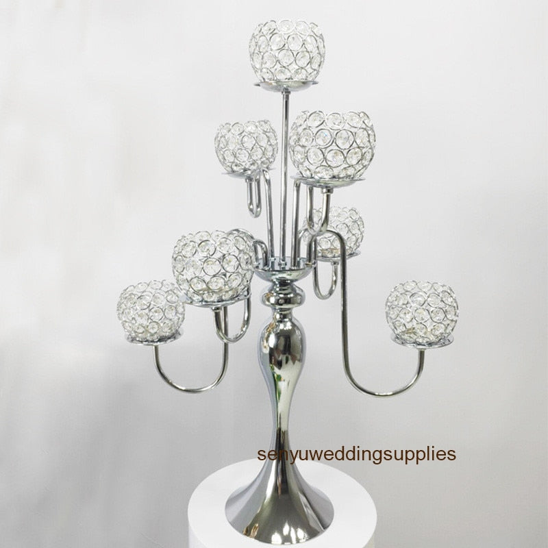 12pcs )New romantic luxury style 7 arms gold crystal tall candelabras for wedding centerpiece senyu01248