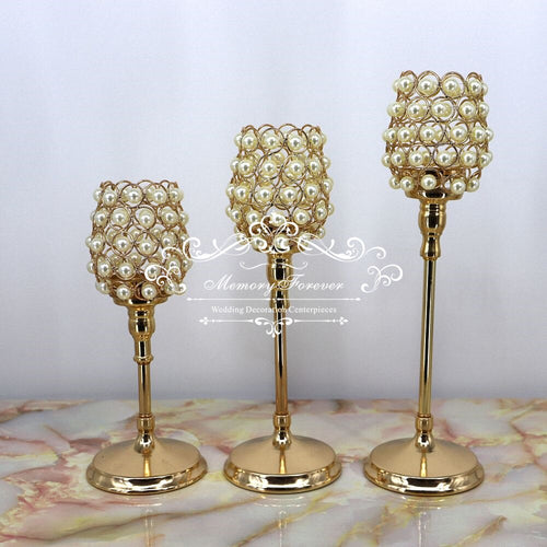 3 Sizes Elegant Pearl Bead Candle Holder Gold Candlestick Wedding Decoration Anniversary Ceremony Party Decor