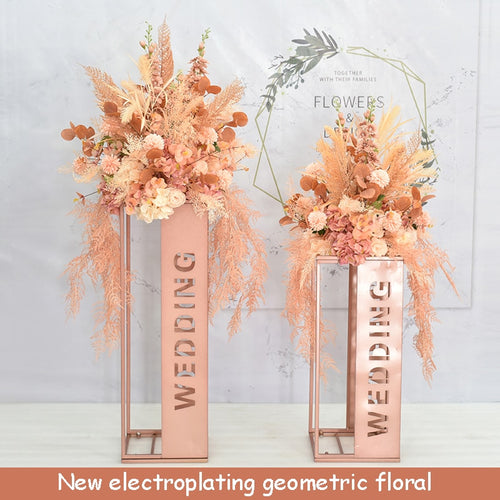 Artificial Wedding flowers table centerpiece backdrop stand decoration electroplating geometric metal iron stand decoration
