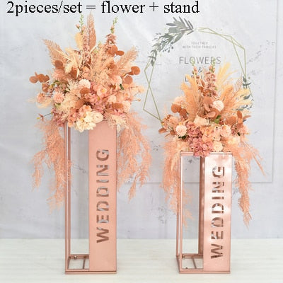 Artificial Wedding flowers table centerpiece backdrop stand decoration electroplating geometric metal iron stand decoration