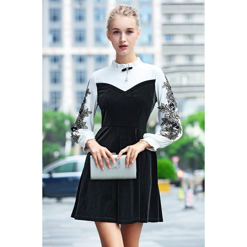 black velvet patchwork crystal diso paillettes embroidery long sleeve ruffled collar a line short dress korean vintage dress