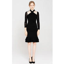 Load image into Gallery viewer, halter cut out cold shoulder sheer ruched long sleeve knee length fishtail ruffle tight dress mermaid party sexy bodycon dress