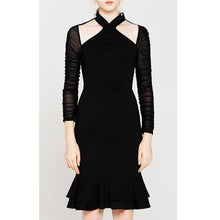Load image into Gallery viewer, halter cut out cold shoulder sheer ruched long sleeve knee length fishtail ruffle tight dress mermaid party sexy bodycon dress