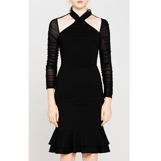 halter cut out cold shoulder sheer ruched long sleeve knee length fishtail ruffle tight dress mermaid party sexy bodycon dress