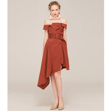 Load image into Gallery viewer, brick red off shoulder women asymmetric dresses double-breasted button wide belt side pocket irregular ruffle work party dress