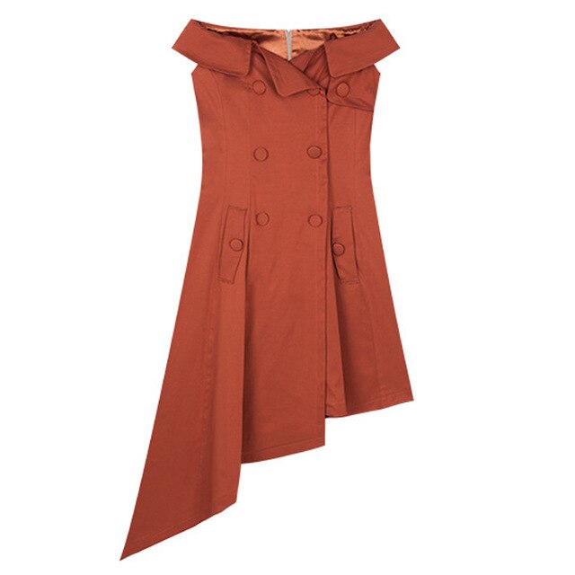 brick red off shoulder women asymmetric dresses double-breasted button wide belt side pocket irregular ruffle work party dress