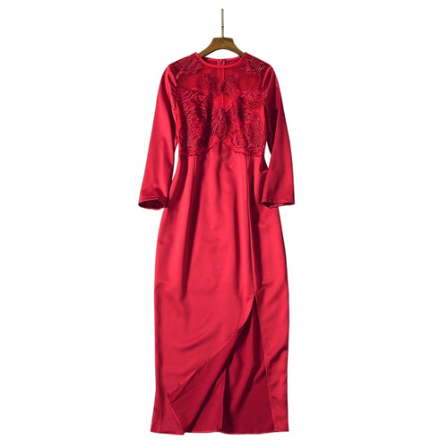 designer dresses runway 2019 red embroidered elegant female dress o-neck three quarter sleeve mid-length tight slit dress