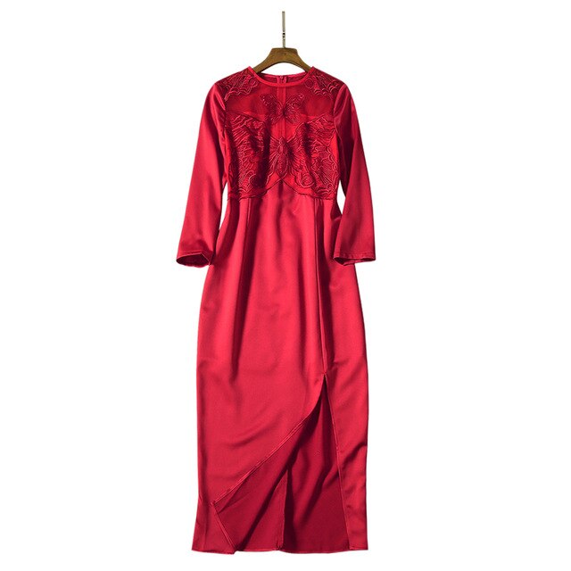 designer dresses runway 2019 red embroidered elegant female dress o-neck three quarter sleeve mid-length tight slit dress