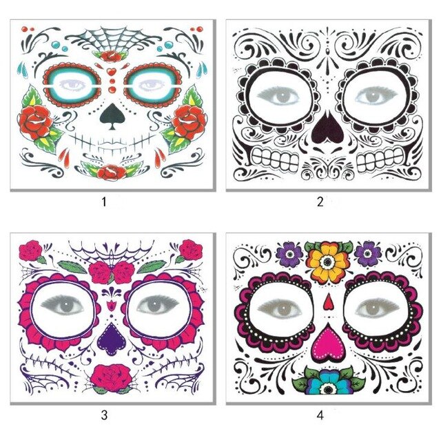 3000pcs /lot Day of The Dead Skull Face Halloween Cool Beauty Tattoo Waterproof Hot Temporary Tattoo Stickers SN2067